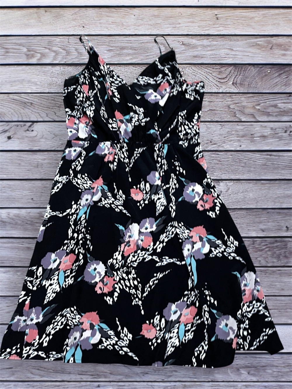 Yumi Kim Black Floral Spaghetti-Strap Dress with Pink, Blue, Lavender Accents xs